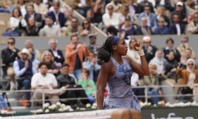 Coco Gauff of the U.S. reacts as she plays against Aryna Sabalenka of Belarus during their final match of the French Tennis Open at the Roland-Garros stadium in Paris, Saturday, June 7, 2025. (AP Photo/Aurelien Morissard)