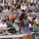 Coco Gauff of the U.S. reacts as she plays against Aryna Sabalenka of Belarus during their final match of the French Tennis Open at the Roland-Garros stadium in Paris, Saturday, June 7, 2025. (AP Photo/Aurelien Morissard)