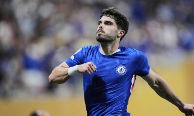 Chelsea's Pedro Neto (7) celebrates after scoring his side's opening goal during the Club World Cup Group D soccer match between Chelsea and Los Angeles FC, Monday, June 16, 2025, in Atlanta. (AP Photo/Mike Stewart)