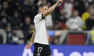 Germany's Florian Wirtz celebrates afater scoring his side's first goal during the Nations League semifinal soccer match between Portugal and Germany at the Munich Football Arena, in Munich, Germany, Wednesday, June 4, 2025. (AP Photo/Matthias Schrader)