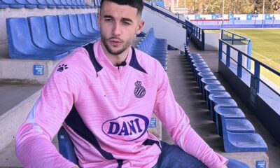 FILE - Espanyol goalkeeper Joan Garcia speaks during an interview with The Associated Press in Barcelona, Spain, Thursday, April 24, 2025. (AP Photo/Joseph Wilson, File)