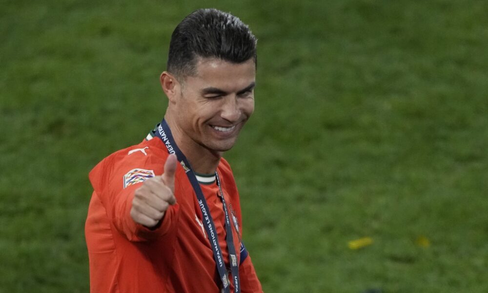Portugal's Cristiano Ronaldo celebrates after winning the Nations League soccer championship at the Allianz Arena in Munich, Germany, Sunday, June 8, 2025. (AP Photo/Michael Probst)