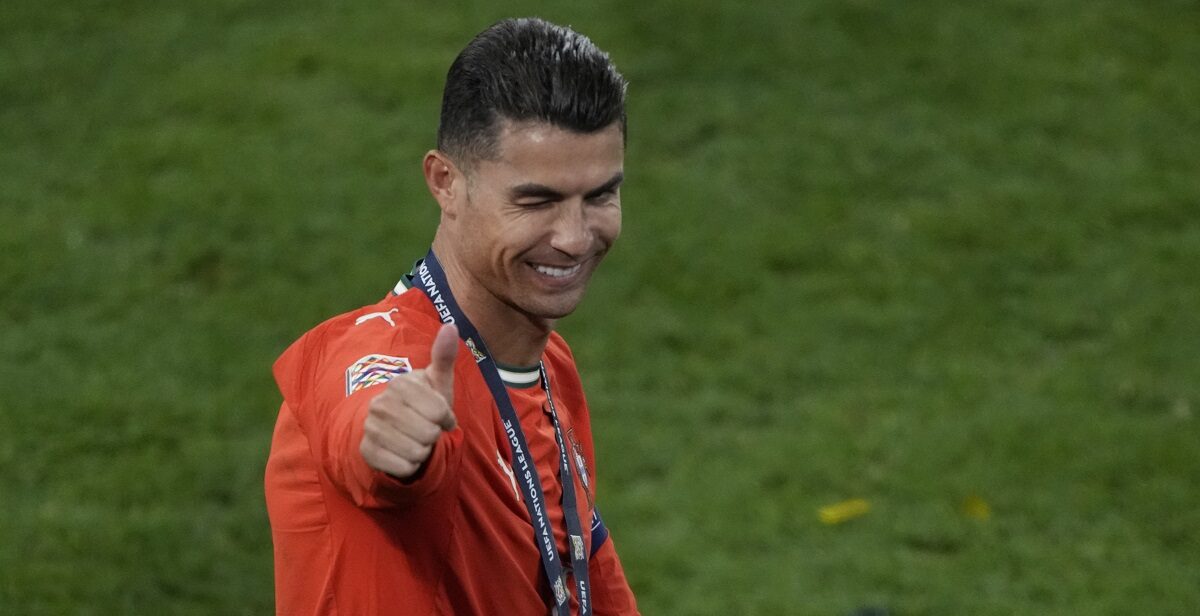 Portugal's Cristiano Ronaldo celebrates after winning the Nations League soccer championship at the Allianz Arena in Munich, Germany, Sunday, June 8, 2025. (AP Photo/Michael Probst)