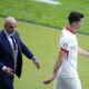 FILE - Poland's Robert Lewandowski, right, walks by Poland' head coach Michal Probierz, left, during a Group D match between Poland and Austria at the Euro 2024 soccer tournament in Berlin, Germany, Friday, June 21, 2024. (AP Photo/Petr Josek, File)