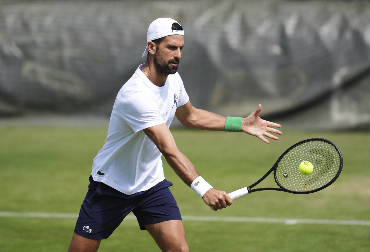 Novak Djokovic during a practice session at the All England Lawn Tennis and Croquet Club in Wimbledon ahead of the Wimbledon Championships, Friday June 27, 2025. (John Walton/PA via AP)
