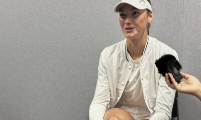 Carson Branstine, a tennis player who went to Texas A&M University and represents Canada, speaks to reporters at the All England Club in Wimbledon, London, Saturday, June 28, 2025. (AP Photo/Howard Fendrich)