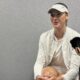 Carson Branstine, a tennis player who went to Texas A&M University and represents Canada, speaks to reporters at the All England Club in Wimbledon, London, Saturday, June 28, 2025. (AP Photo/Howard Fendrich)