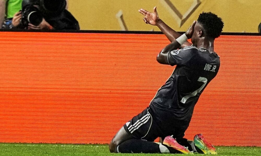 CWC Salzburg Real Madrid Soccer Real Madrid's Vinicius Junior celebrates his opening goal during the Club World Cup Group H soccer match between Salzburg and Real Madrid in Philadelphia, Thursday, June 26, 2025. (AP Photo/Matt Rourke)