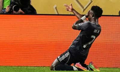 CWC Salzburg Real Madrid Soccer Real Madrid's Vinicius Junior celebrates his opening goal during the Club World Cup Group H soccer match between Salzburg and Real Madrid in Philadelphia, Thursday, June 26, 2025. (AP Photo/Matt Rourke)