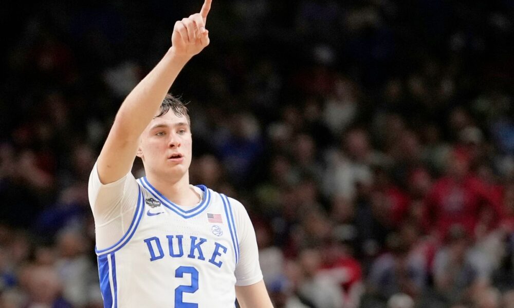 Duke forward Cooper Flagg celebrates after scoring against the Houston during the second half in the national semifinals at the Final Four of the NCAA college basketball tournament, Saturday, April 5, 2025, in San Antonio. (AP Photo/Brynn Anderson, File)
