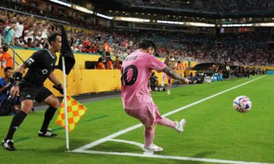 Inter Miami's Lionel Messi takes a corner kick during the Club World Cup group A soccer match between Al Ahly and Inter Miami in Miami, Fla., Saturday, June 14, 2025. (AP Photo/Lynne Sladky)