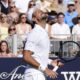 Serbia's Novak Djokovic reacts during the match against Karen Khachanov of the US during the Tennis Classic at The Hurlingham Club, in London, Friday, June 27, 2025. (Jonathan Brady/PA via AP)