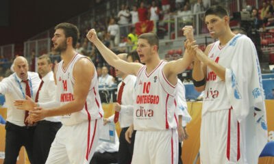 Bojan Dubljevic, Nikola Ivanovic. Nikola Vucevic radost kosarka reprezentacija Crna Gora Evropsko prvenstvo Eurobasket Slovenija 2013 godine protiv Letonija hala Podmezakla Jesenice 05.09.2013. godine Foto: Marko Metlas