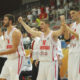 Bojan Dubljevic, Nikola Ivanovic. Nikola Vucevic radost kosarka reprezentacija Crna Gora Evropsko prvenstvo Eurobasket Slovenija 2013 godine protiv Letonija hala Podmezakla Jesenice 05.09.2013. godine Foto: Marko Metlas