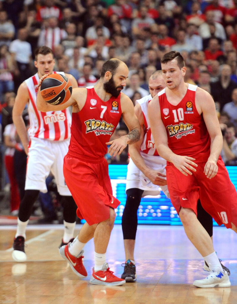 VASSILIS SPANOULIS Vasilis Spanulis i DIMITRIOS AGRAVANIS, kosarkasi Olimpijakosa, na utakmici Evrolige protiv Crvene zvezde, u Beogradskoj Kombank areni. Beograd, 22.03.2017. foto: Nebojsa Parausic Kosarka, Crvena zvezda, Olimpijakos, Evroliga
