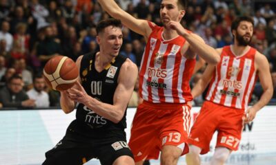 RODIONS KURUCS, kosarkas Partizana, na utakmici finala kupa protiv Crvene zvezde, i OGNJEN DOBRIC, u hali Cair. Nis, 20.02.2022. foto: Nebojsa Parausic Kosarka, Kup Radivoja Koraca, Partizan, Crvena zvezda