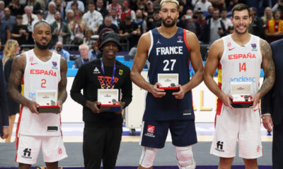 LORENZO BROWN Lorenco Braun, DENNIS SCHRODER Denis Sreder, RUDY GOBERT Rudi Gober, WILLY HERNANGOMEZ Vili Ernangomez najbolja petorka MVP kosarkasi reprezentacije Spanije na utakmici finala zlatna medalja FIBA Evropskog prvenstva protiv Francuske u Mercedes Benc areni, Berlin 18.09.2022. godine Foto: Marko Metlas Kosarka, Francuska, FIBA Evropsko prvenstvo, Spanija