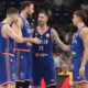 OGNJEN DOBRIC, NIKOLA MILUTINOV, STEFAN JOVIC, BOGDAN BOGDANOVIC RADOST kosarkasa reprezentacije Srbije na prijateljskoj utakmici pred FIBA Svetsko prvenstvo 2023 protiv Portorika u hali Stark Beogradska arena, Beograd 16.08.2023. godine Foto: Marko Metlas Kosarka, Srbija, Portoriko, Prijateljska utakmica