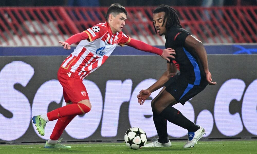 ANDRIJA MAKSIMOVIC fudbaler Crvene zvezde na utakmici UEFA Lige Sampiona protiv Barselone na stadionu Rajko Mitic, Beograd 06.11.2024. godine Foto: Marko Metlas Fudbal, Crvena zvezda, UEFA Liga Sampiona , Barselona