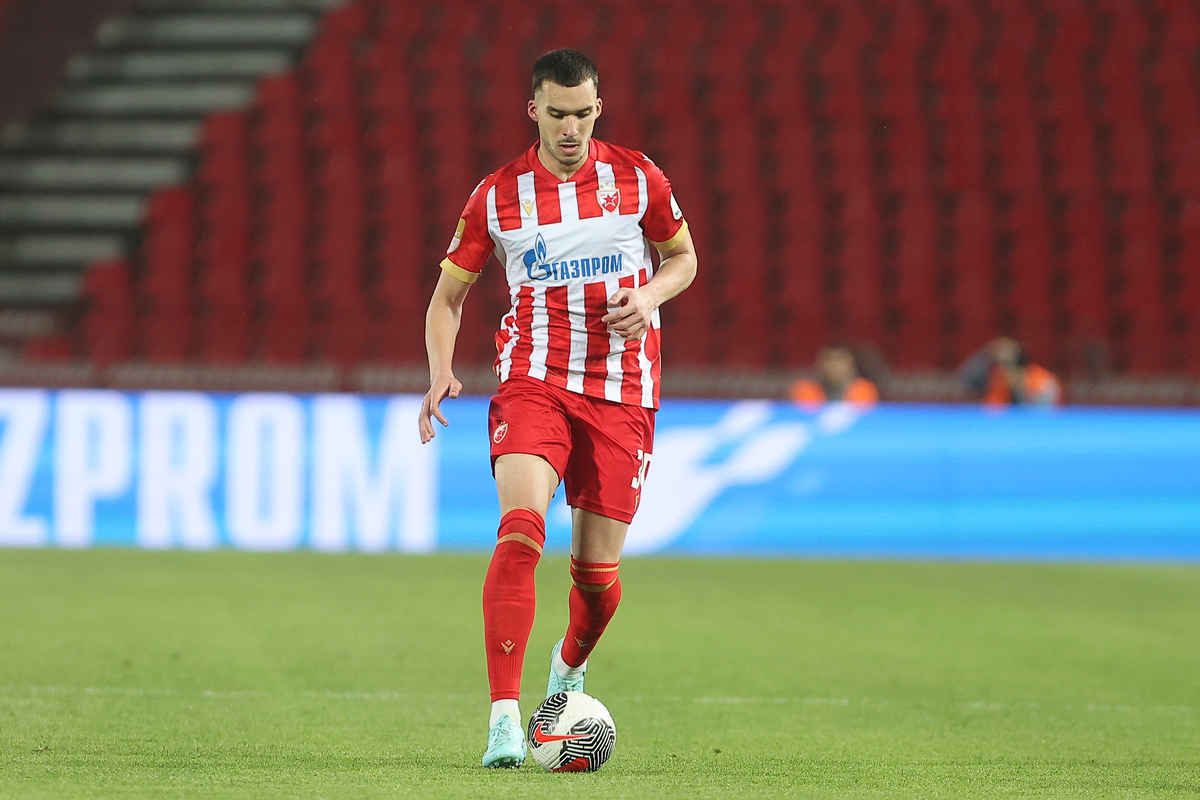 ANDREJ DJURIC fudbaler Crvene Zvezde na utakmici Kupa Srbije protiv Napretka na stadionu Rajko Mitic, Beograd 07.05.2025. godine Foto: Ivica Veselinov / MN PRESS FUDBAL, FOOTBALL, KUP SRBIJE, NATIONAL CUP, CRVENA ZVEZDA, RED STAR, NAPREDAK KRUSEVAC