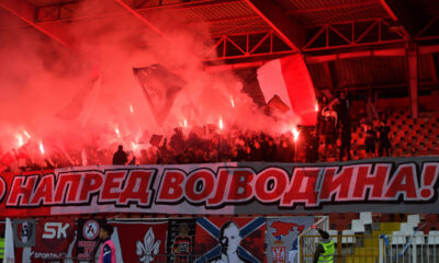 FIRMA navijaci fudbalera Vojvodine Novi Sad na utakmici polufinala Kupa Srbije protiv TSC Backa Topola na stadionu Karadjordje, Novi Sad 07.05.2025. godine Foto: Marko Metlas Fudbal, TSC Backa Topola, Kup Srbije, Vojvodina Novi Sad