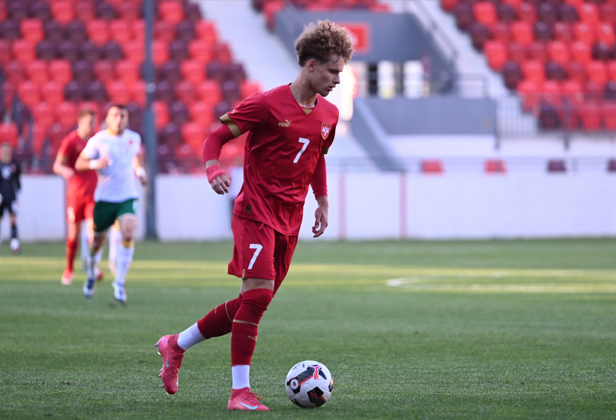 LAZAR JOVANOVIC, mladi fudbaler Srbije U21, na prijateljskoj utakmici protiv Bugarske, na stadionu Dubocice. Leskovac, 31.05.2025. foto: Nebojsa Parausic Fudbal, U21 Srbija, Bugarska