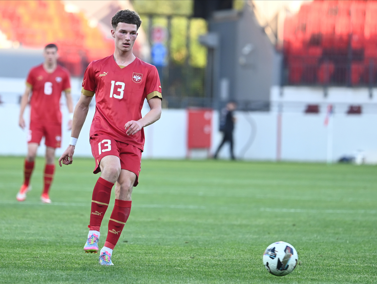 STEFAN DZODIC, mladi fudbaler Srbije U21, na prijateljskoj utakmici protiv Bugarske, na stadionu Dubocice. Leskovac, 31.05.2025. foto: Nebojsa Parausic Fudbal, U21 Srbija, Bugarska