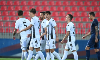 Fudbaleri Partizana, proslavljaju gol na prijateljskoj utakmici protiv Rodine, na stadionu SC FSS. Stara Pazova, 26.06.2025. foto: Nebojsa Parausic Fudbal, Partizan, Rodina Moskva