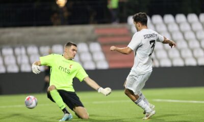 ANDREJA STOJANOVIC, fudbaler Cukarickog, na prvenstvenoj utakmici protiv Napretka, i golman LAZAR BALEVIC, na stadionu SC Mladost. Pancevo, 19.07.2025. foto: MN Press / mr Fudbal, Cukaricki, Napredak