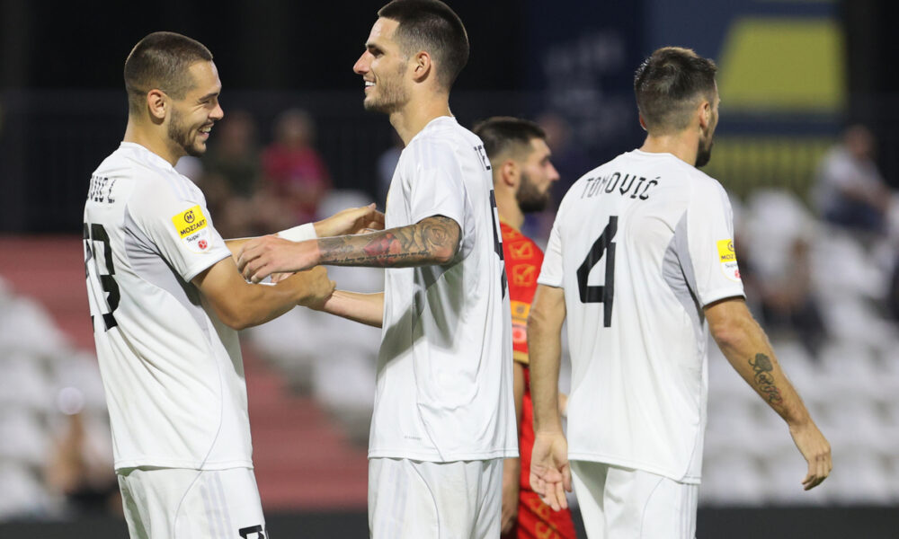 Fudbaleri Cukarickog proslavljaju gol na prvenstvenoj utakmici protiv Napretka, na stadionu SC Mladost. Pancevo, 19.07.2025. foto: MN Press / mr Fudbal, Cukaricki, Napredak