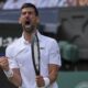Serbia's Novak Djokovic celebrates after winning the second set against Australia's Alex de Minaur during a fourth round men's singles match at the Wimbledon Tennis Championships in London, Monday, July 7, 2025. (AP Photo/Kin Cheung)