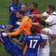 Chelsea's Joao Pedro (20) goes down after a scuffle after the Club World Cup final soccer match between Chelsea and PSG in East Rutherford, N.J., Sunday, July 13, 2025. (AP Photo/Matt Slocum)