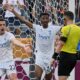 Al Hilal's Sergej Milinkovic-Savic, left, and Al Hilal's Nasser Al-Dawsari complain to the referee during the Club World Cup quarterfinal soccer match between Fluminense and Al Hilal in Orlando, Fla., Friday, July 4, 2025. (AP Photo/Phelan M. Ebenhack)