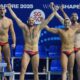 Spain's athletes celebrate after defeating Hungary in the men's water polo gold medal match at the World Aquatics Championships in Singapore, Thursday, July 24, 2025. (AP Photo/Vincent Thian)