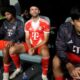 Bayern Munich's Serge Gnabry, from left, Thomas Muller, and Kim Min-jae sit on the bench during the Club World Cup quarterfinal soccer match between PSG and Bayern Munich in Atlanta, Saturday, July 5, 2025. (AP Photo/Mike Stewart)