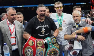 Ukraine's Oleksandr Usyk celebrates winning the undisputed world heavyweight boxing title fight against Britain's Daniel Dubois in London, Saturday, July 19, 2025. (AP Photo/Frank Augstein)