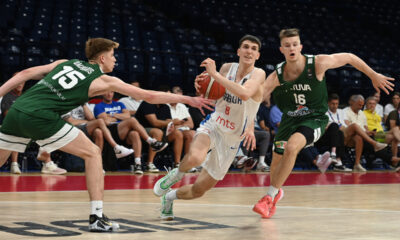 , mladi kosarkas Srbije U18, na utakmici prvenstva Evrope protiv Litvanije, u Beogradskoj areni. Beograd, 27.07.2025. foto: Nebojsa Parausic Kosarka, FIBA, U18 , Prvenstvo Evrope, Litvanija, Srbija