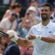 Novak Djokovic of Serbia reacts after beating Daniel Evans of Britain during their second round men's singles match at the Wimbledon Tennis Championships in London, Thursday, July 3, 2025. (AP Photo/Alastair Grant)
