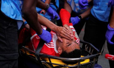 Bayern Munich's Jamal Musiala is taken off the field after an injury during the Club World Cup quarterfinal soccer match between PSG and Bayern Munich in Atlanta, Saturday, July 5, 2025. (AP Photo/Brynn Anderson)