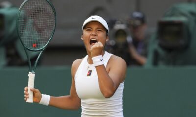 Emma Raducanu of Britain reacts during the second round women's singles match against Marketa Vondrousova of the Czech Republic at the Wimbledon Tennis Championships in London, Wednesday, July 2, 2025.(AP Photo/Kirsty Wigglesworth)