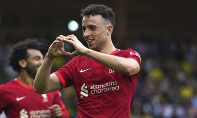 FILE - Liverpool's Diogo Jota celebrates scoring during the Premier League match at Carrow Road, Norwich, Saturday Aug. 14, 2021. (Joe Giddens/PA via AP, File)