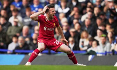 FILE - Liverpool's Diogo Jota reacts during the English Premier League soccer match between Chelsea and Liverpool at Stamford Bridge stadium in London, Sunday, May 4, 2025. (AP Photo/Kin Cheung, File)