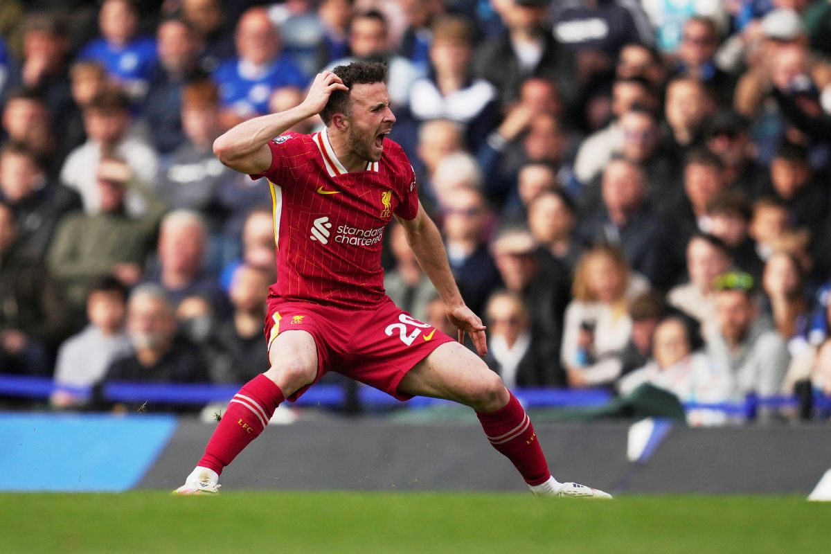 FILE - Liverpool's Diogo Jota reacts during the English Premier League soccer match between Chelsea and Liverpool at Stamford Bridge stadium in London, Sunday, May 4, 2025. (AP Photo/Kin Cheung, File)