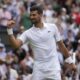 Serbia's Novak Djokovic celebrates after beating Australia's Alex de Minaur during a fourth round men's singles match at the Wimbledon Tennis Championships in London, Monday, July 7, 2025. (AP Photo/Kin Cheung)