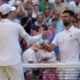 Italy's Jannik Sinner, left, greets Serbia's Novak Djokovic after winning their men's singles semifinal at the Wimbledon Tennis Championships in London, Friday, July 11, 2025. (AP Photo/Kin Cheung)