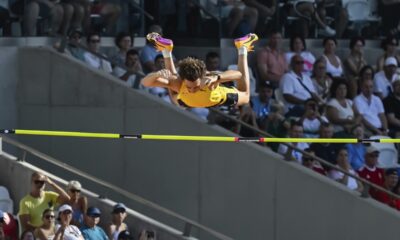 Armand Duplantis, of Sweden, competes in the final of the men's pole vault at the 15th Gyulai Istvan Memorial Track and Field Hungarian Grand Prix in the National Athletics Center in Budapest, Hungary, Tuesday, Aug. 12, 2025. (Tamas Vasvari/MTI via AP)
