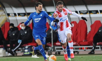 ALEKSA VUKANOVIC, fudbaler Crvene zvezde, na utakmici Lige Evrope protiv Hoffenhajma, i FLORIAN GRILLITSCH, na stadionu Rajko Mitic. Beograd, 03.12.2020. foto: Nebojsa Parausic Fudbal, UEFA, Crvena zvezda, Hofenhajm
