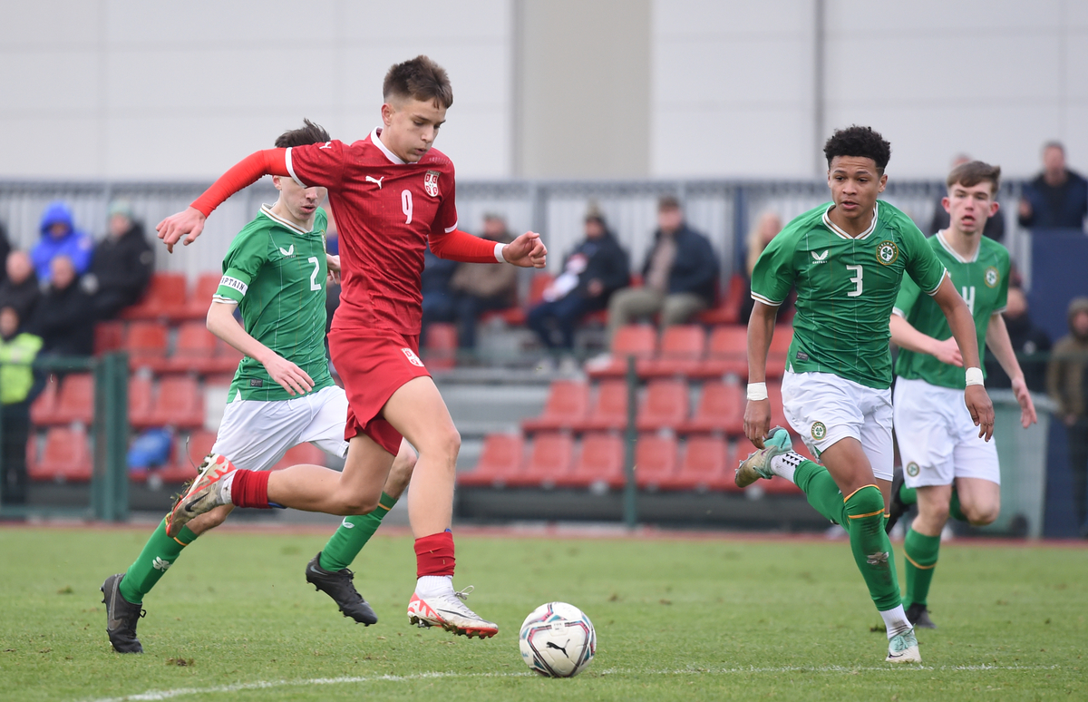 ANDREJ NIKOLIC, mladi fudbaler Srbije U15, na utakmici UEFA razvojnog turnira protiv Irske, u SC FSS. Stara Pazova, 23.11.2023. foto: Nebojsa Parausic / MN Press Fudbal, U15 Srbija, Irska
