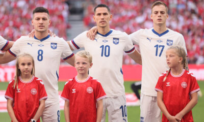LUKA JOVIC, SASA LUKIC, IVAN ILIC fudbaleri reprezentacije Srbije na utakmici UEFA Lige nacija protiv Danske na stadionu Parken, Kopenhagen 08.09.2024. godine Foto: Marko Metlas Fudbal, Reprezentacija, Srbija, Danska, UEFA Liga nacija