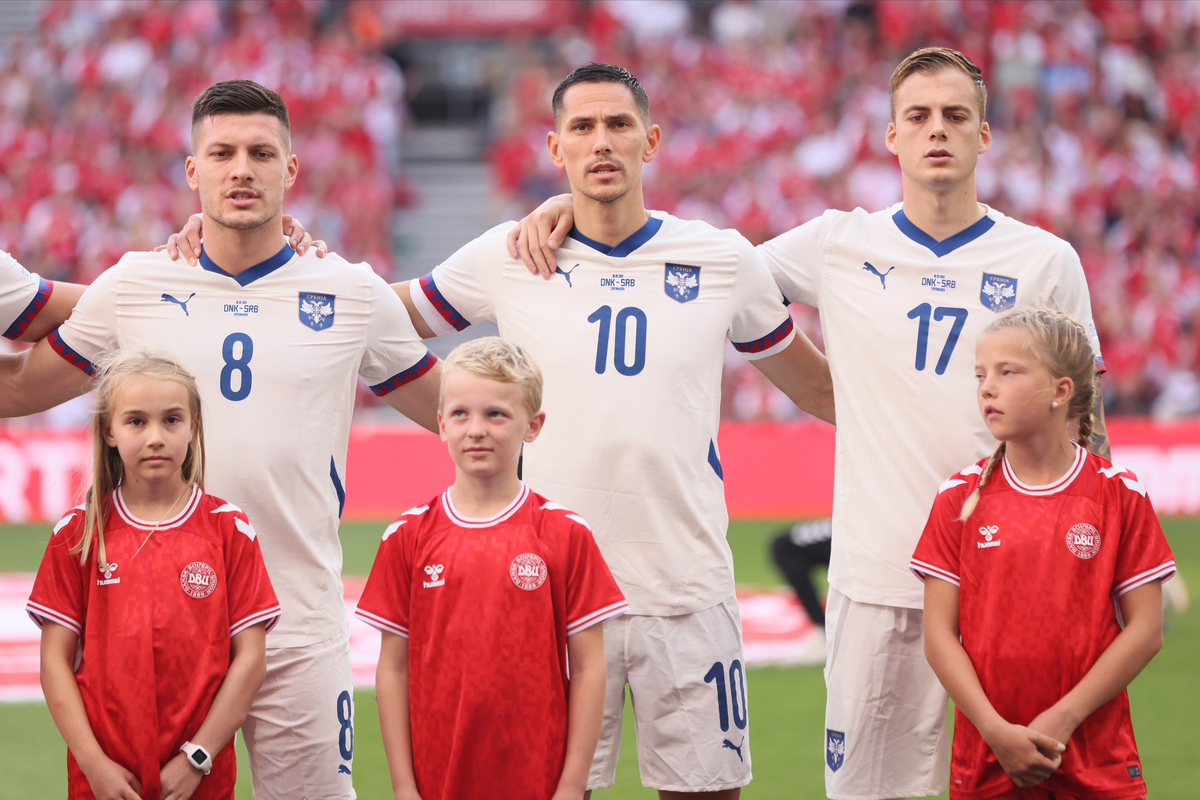 LUKA JOVIC, SASA LUKIC, IVAN ILIC fudbaleri reprezentacije Srbije na utakmici UEFA Lige nacija protiv Danske na stadionu Parken, Kopenhagen 08.09.2024. godine Foto: Marko Metlas Fudbal, Reprezentacija, Srbija, Danska, UEFA Liga nacija